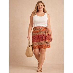 Lauren Ralph Lauren Skirt 22W Wrap Ikat Linen Cotton A-Line Ruffle Vacation NWT